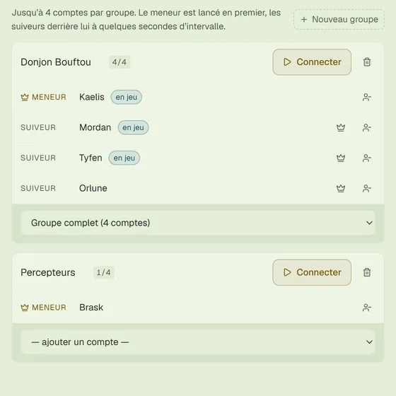 Onglet Groupes du launcher : le groupe « Donjon Bouftou » complet 4/4, un meneur et trois suiveurs en jeu, bouton Connecter ; un second groupe « Percepteurs » à 1/4.
