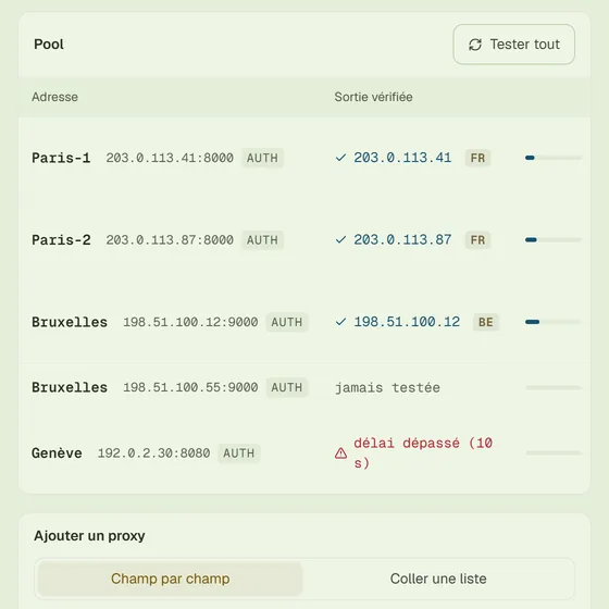 Onglet Proxies du launcher : un pool de cinq adresses avec sortie vérifiée, latence, date du dernier test et comptes rattachés ; formulaire d'ajout d'un proxy.